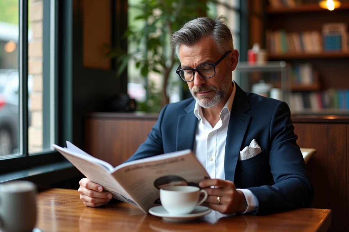 Homme sophistiqué lisant un magazine au café
