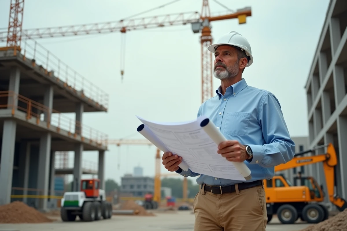 Homme d age moyen sur un chantier avec plans et machines