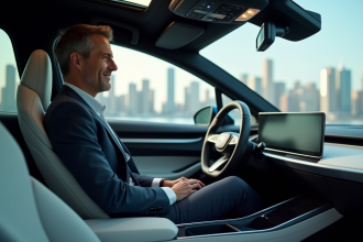 Homme en costume dans une voiture électrique autonome moderne