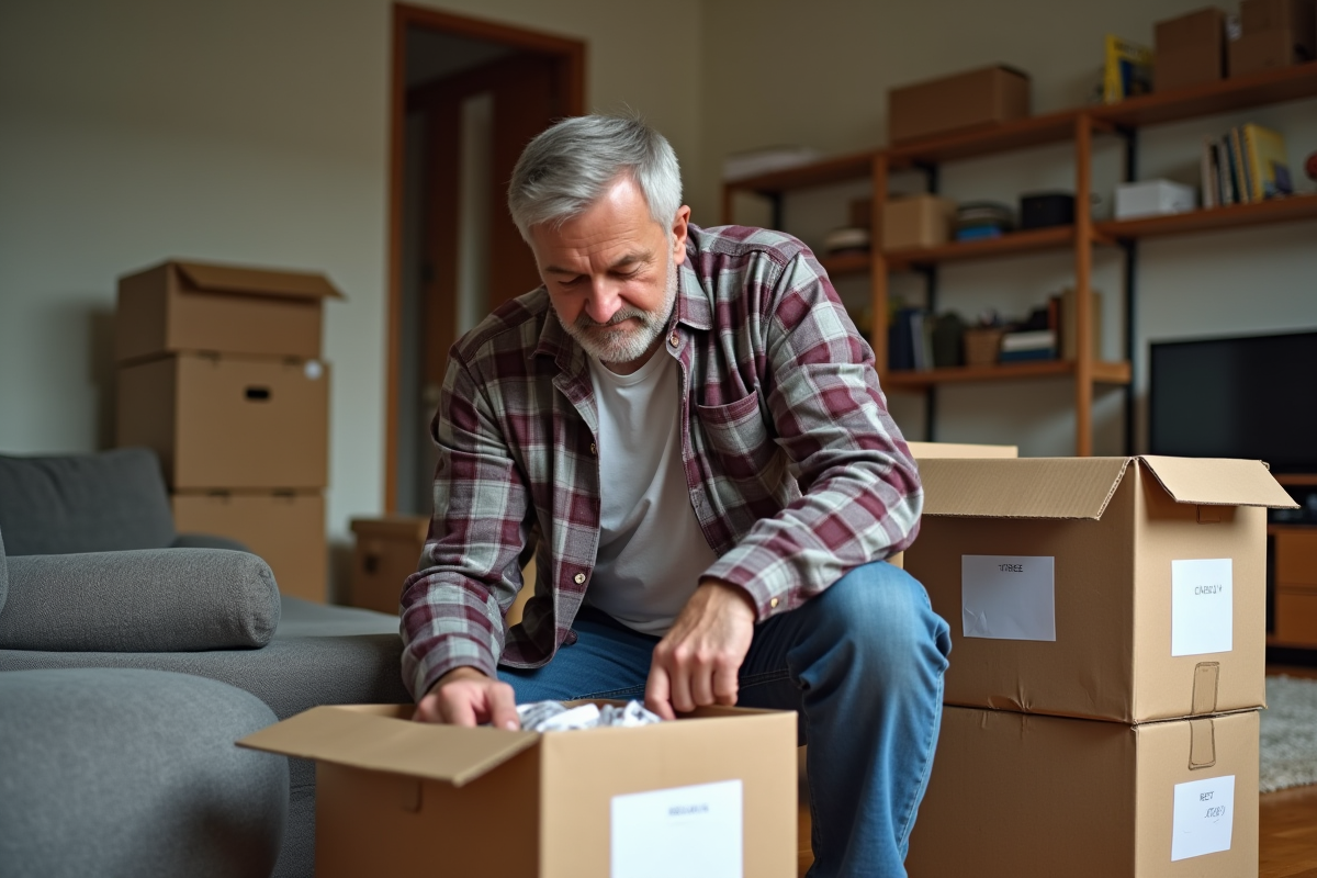 Homme d'âge moyen triant des objets dans un salon en transition