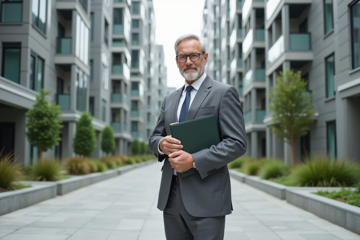Homme avec diplôme devant immeuble neuf