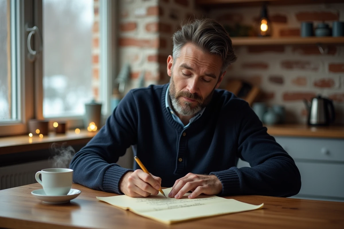 Homme écrivant un poème de vœux du Nouvel An à la main sur du papier crème, assis à une table en bois dans une cuisine rustique et chaleureuse