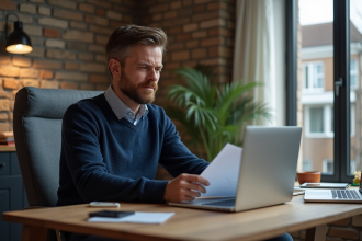 Homme concentré avec courrier dans un salon moderne