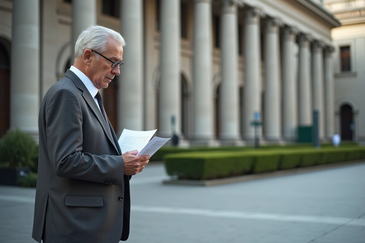 Homme âgé lisant un document dans une place urbaine calme
