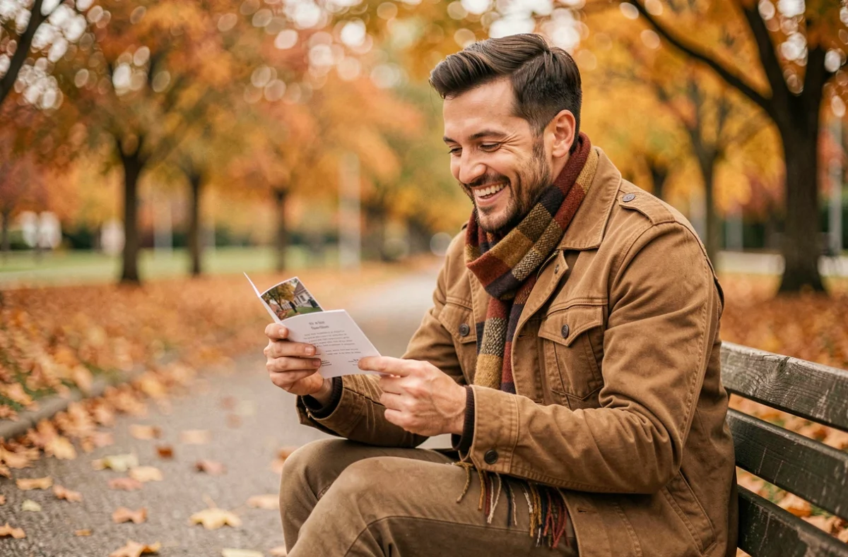 Homme souriant qui lit un petit mot d'amour drôle sur un banc de parc en automne