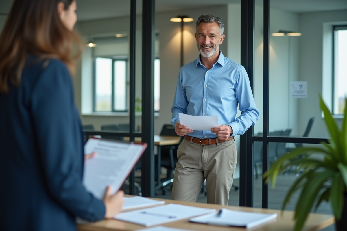 Homme discutant avec un representant RH dans un bureau moderne