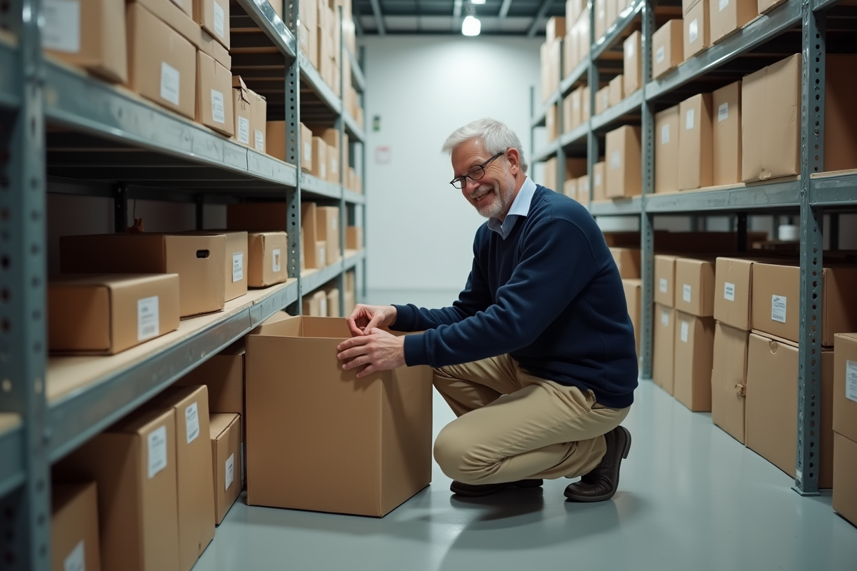 Homme organisant boîtes dans stockage intérieur
