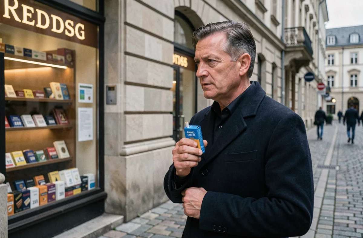 Homme tenant un paquet de Camel Blue devant un bureau de tabac au Luxembourg