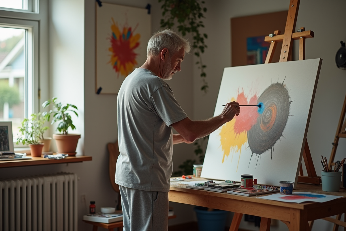 Homme d age moyen peint dans un studio d art avec tableau et fournitures