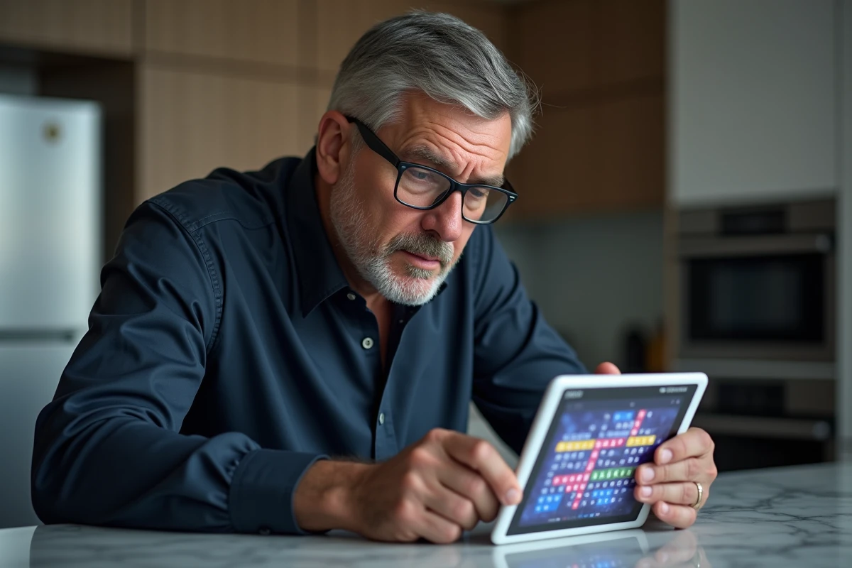 Homme d'âge mûr jouant à un jeu de mots croisés sur tablette dans une cuisine moderne