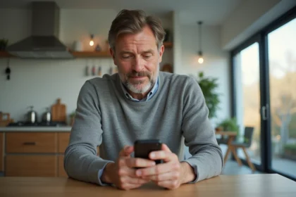 Homme d'âge moyen assis à la cuisine avec smartphone