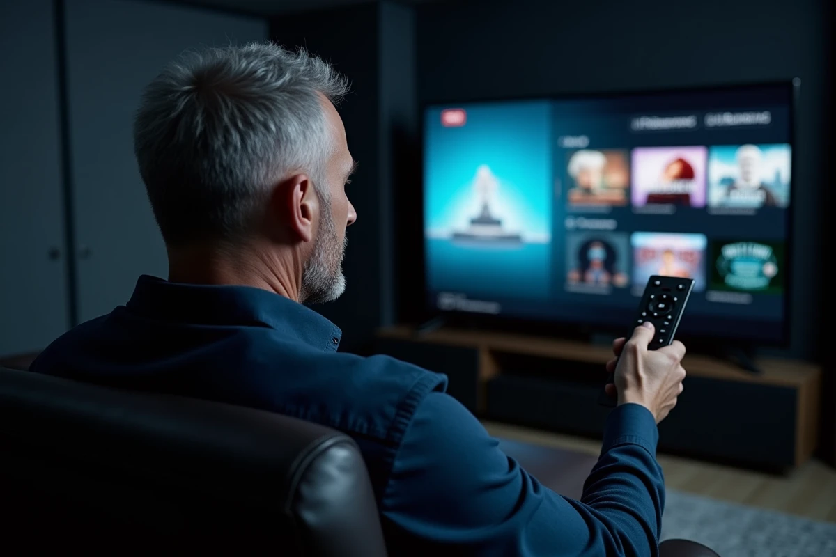 Homme utilisant une télécommande pour naviguer dans l'interface d'un service de streaming type Tiviob dans une salle home cinéma