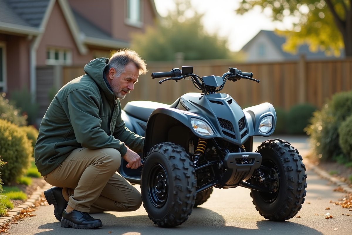 Homme inspectant un quad 50cc dans une cour privée
