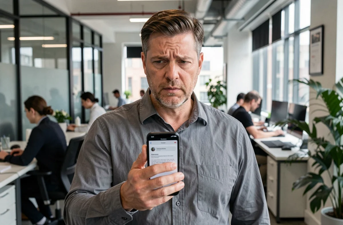 Homme en bureau vérifiant l'URL d'un site sur son smartphone pour éviter les faux sites