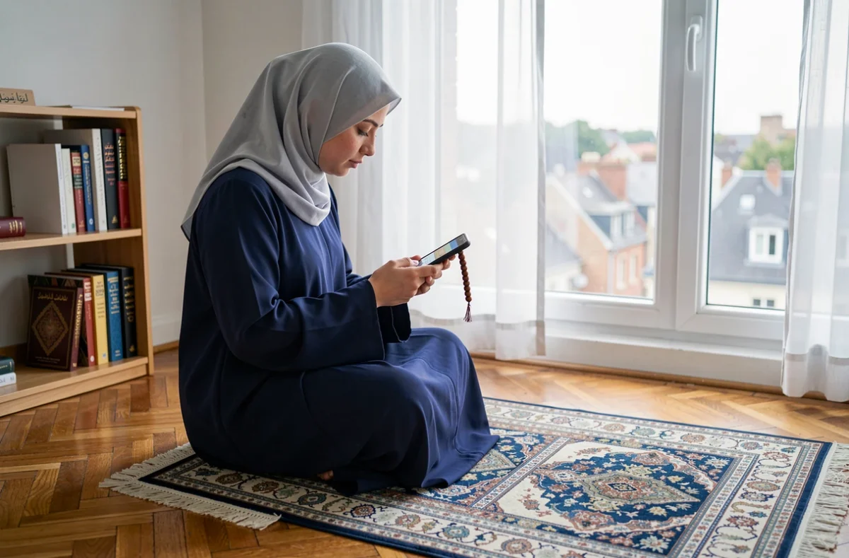 Femme musulmane consultant les horaires de prière sur smartphone dans un appartement à Argenteuil