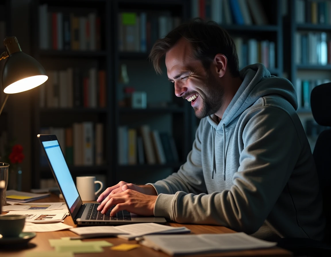 Homme hilare devant son ordinateur entouré de pamphlets politiques et de mèmes imprimés, illustrant l'humour potache comme outil de communication politique
