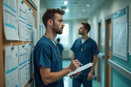 Infirmier consultant un planning de gardes en semaines paires et impaires affiché dans un couloir d'hôpital