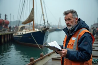 Ingénieur marin à côté d'un voilier partiellement immergé