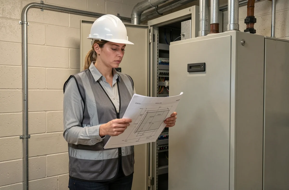 Ingénieure électricienne consultant un schéma de câblage d'un transformateur industriel 380V 220V dans une salle technique