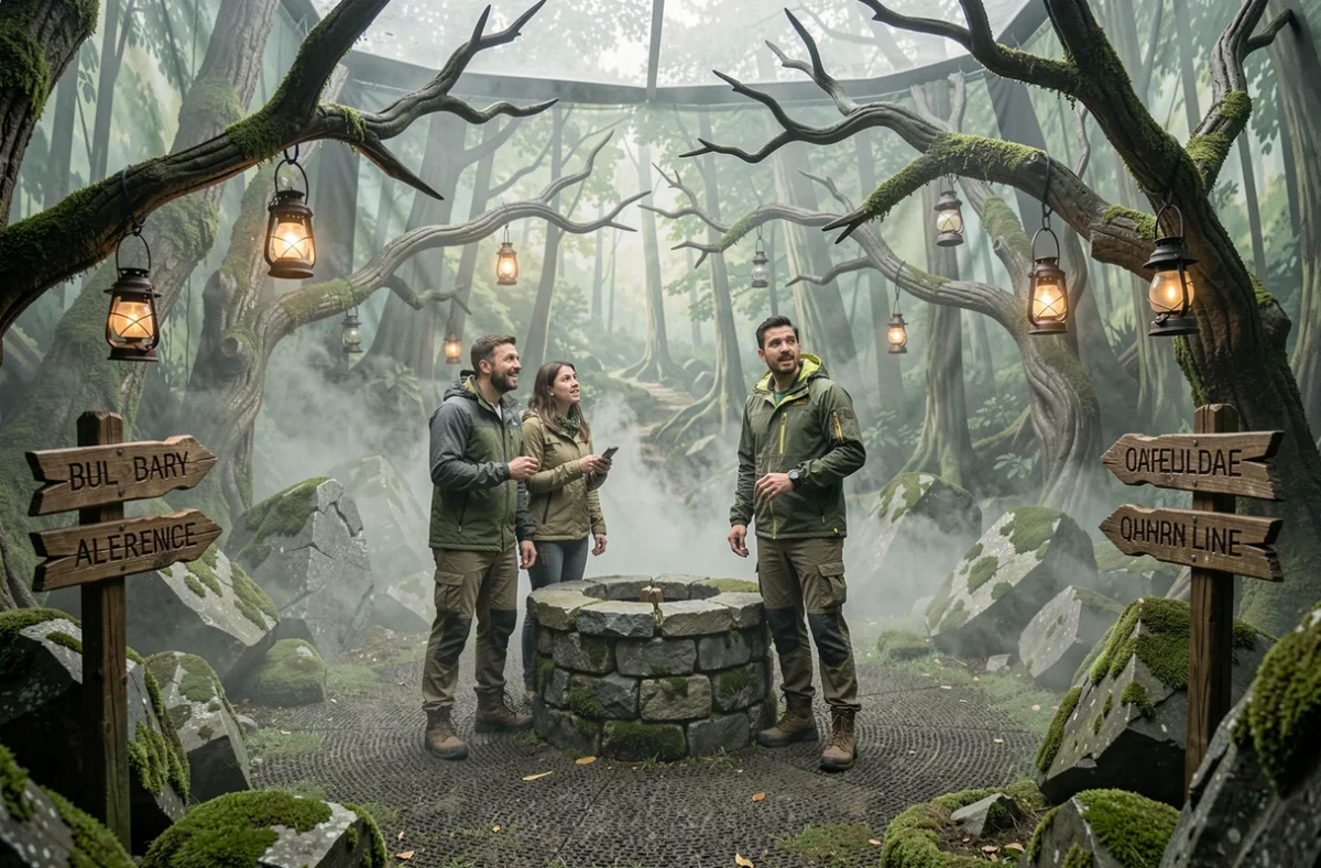 Deux joueurs explorant un décor de forêt mystérieuse lors d'une expérience insolite proposée par Insolitprod à Gérardmer