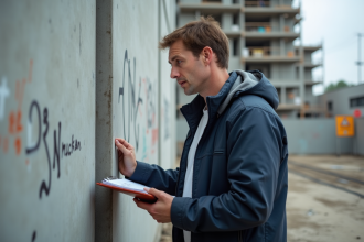 Inspecteur de bâtiment examinant un mur en béton en extérieur