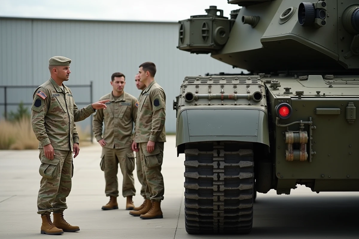 Instructeur militaire expliquant le fonctionnement du char Abrams M1A1 à des recrues sur une base militaire américaine