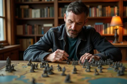 Homme adulte concentré jouant à un jeu de stratégie de guerre avec des figurines militaires sur une carte de terrain peinte