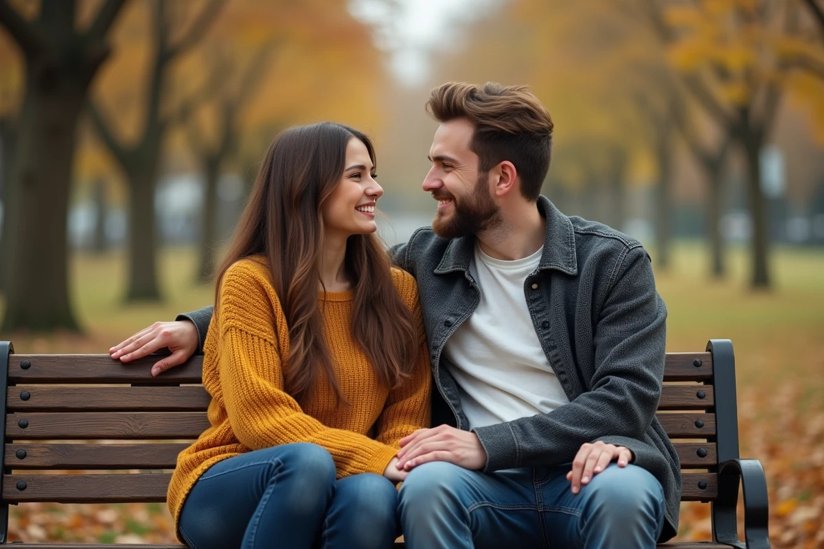 Jeune femme et homme souriants sur un banc en automne