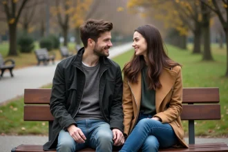 Jeune couple assis sur un banc dans un parc urbain