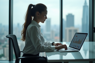 Jeune femme d'affaires utilisant une tablette dans un bureau moderne