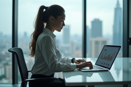 Jeune femme d'affaires utilisant une tablette dans un bureau moderne