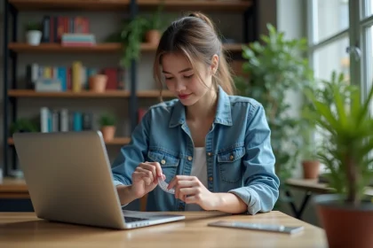 Jeune femme en denim vérifiant sa main avec une règle dans un bureau cosy