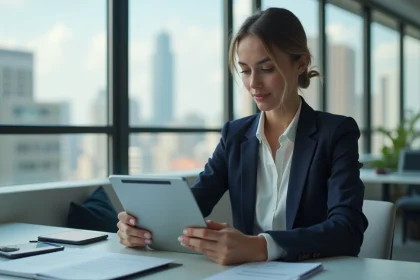 Jeune femme professionnelle en bureau moderne avec tablette