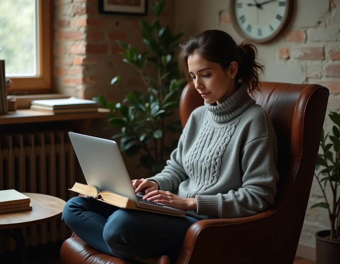 Jeune femme consultant une grammaire française sur l'orthographe de mille dans un bureau personnel chaleureux