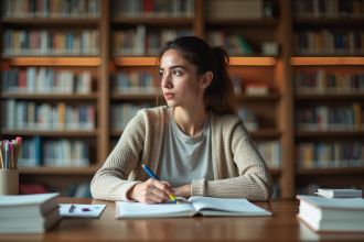 Jeune femme concentrée à la bibliothèque avec livres et surligneurs