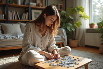 Jeune femme en loungewear assemble un puzzle dans un salon chaleureux