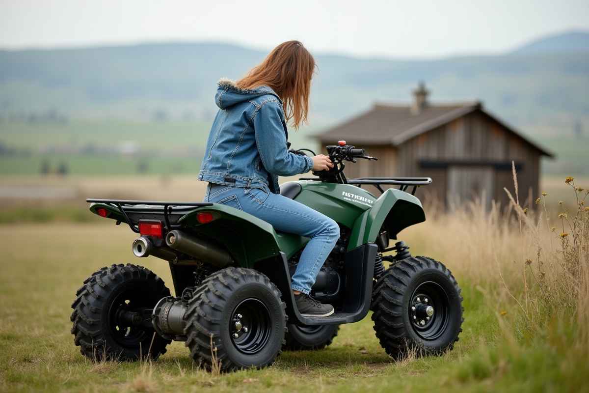 Jeune femme ajustant un quad 50cc dans un champ rural