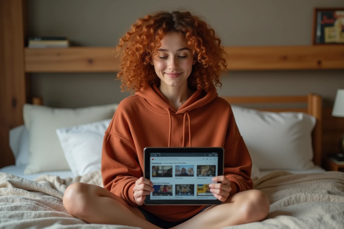 Jeune femme consultant l'interface de Tiviob sur une tablette depuis sa chambre, naviguant dans les catégories de contenu