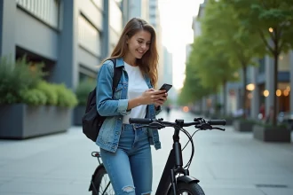 Jeune femme souriante avec vélo électrique en ville