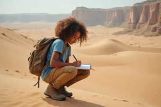 Jeune fille curieuse dessinant dans une dune de sable