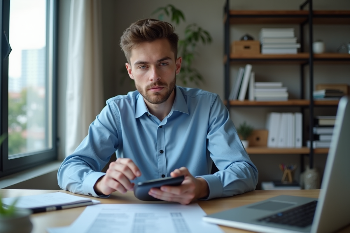 Jeune homme utilisant calculatrice et ordinateur dans un bureau