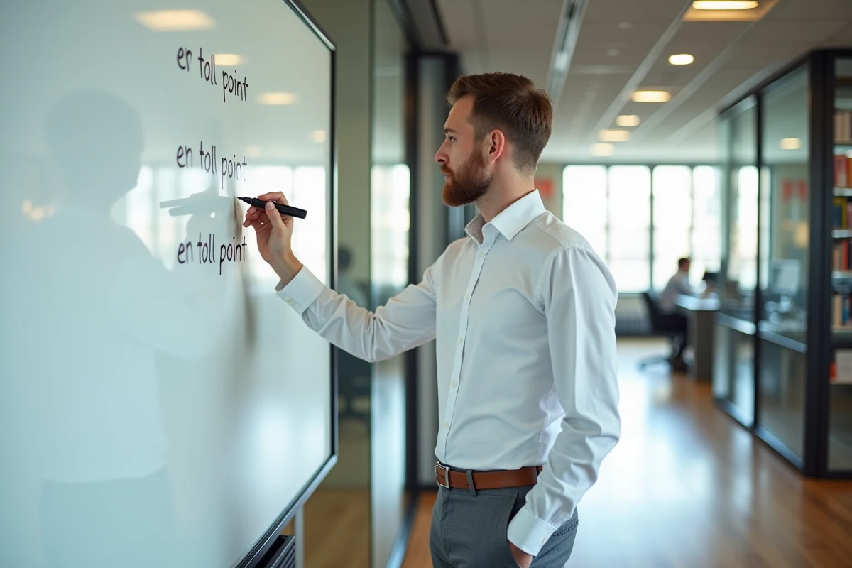 Jeune homme français écrivant sur un tableau blanc