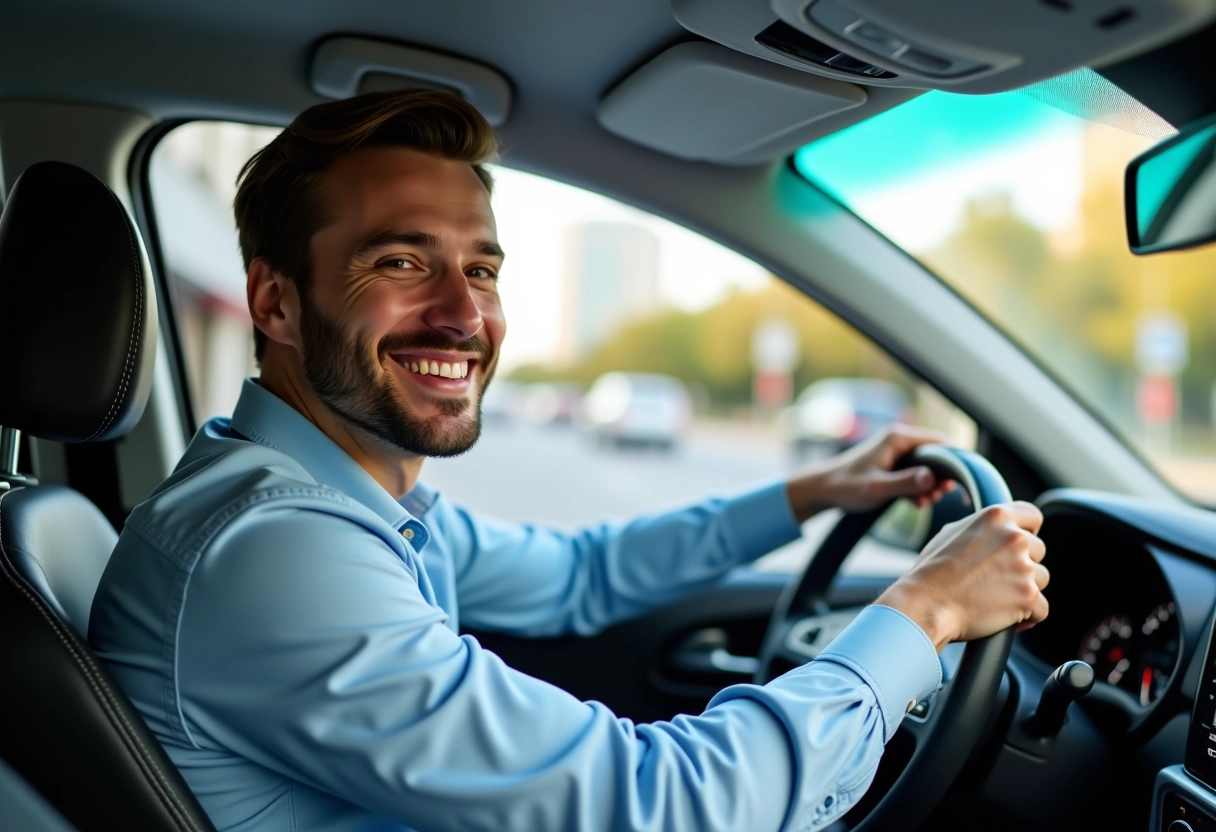 Jeune homme souriant conduisant en ville dans une voiture compacte