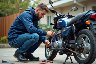 Jeune homme vérifiant l'huile d'une moto 50cc Skyteam