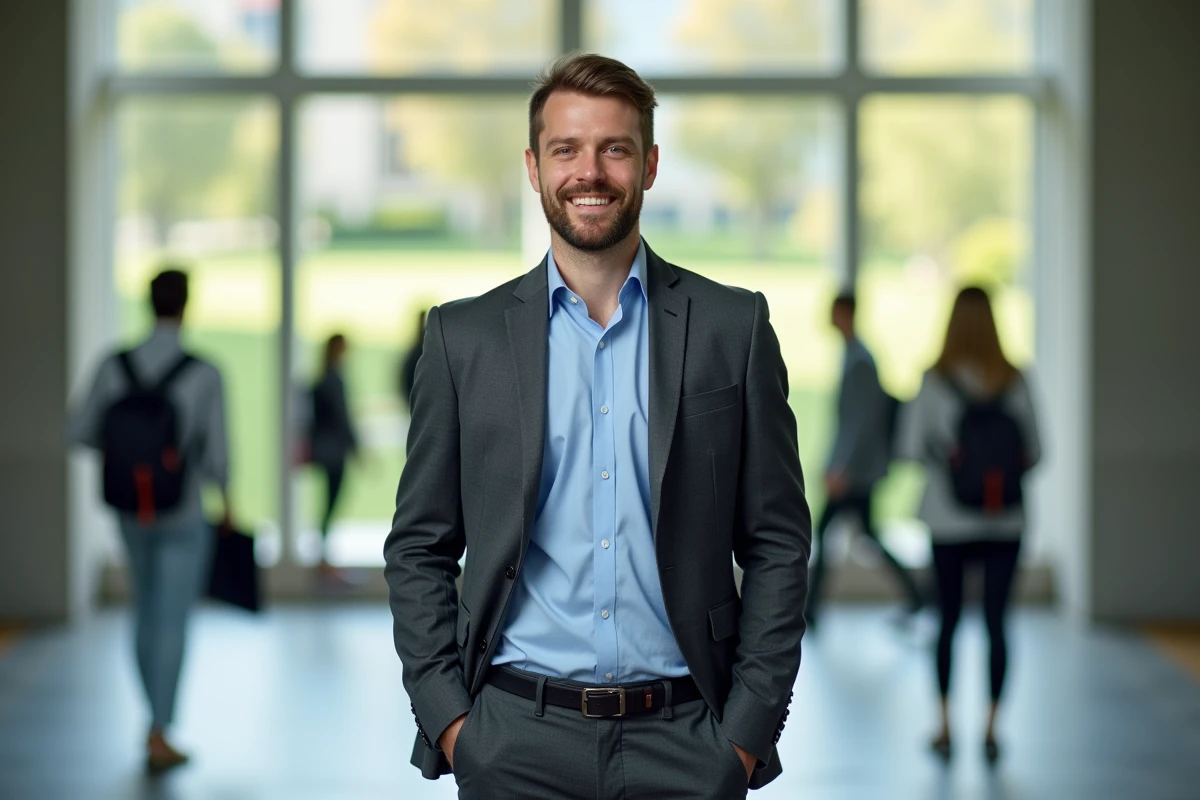 Jeune homme en blazer devant une fenêtre universitaire
