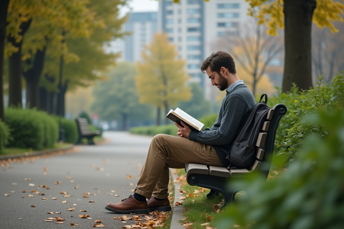 Jeune homme lisant seul sur un banc dans un parc