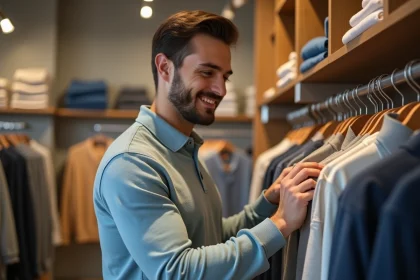 Jeune homme souriant dans une boutique de polos modernes