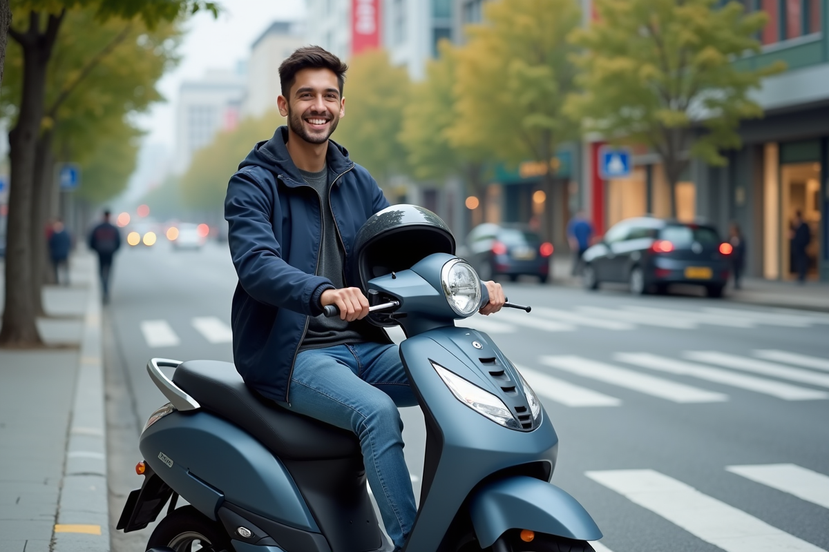 Jeune homme souriant avec scooter en ville