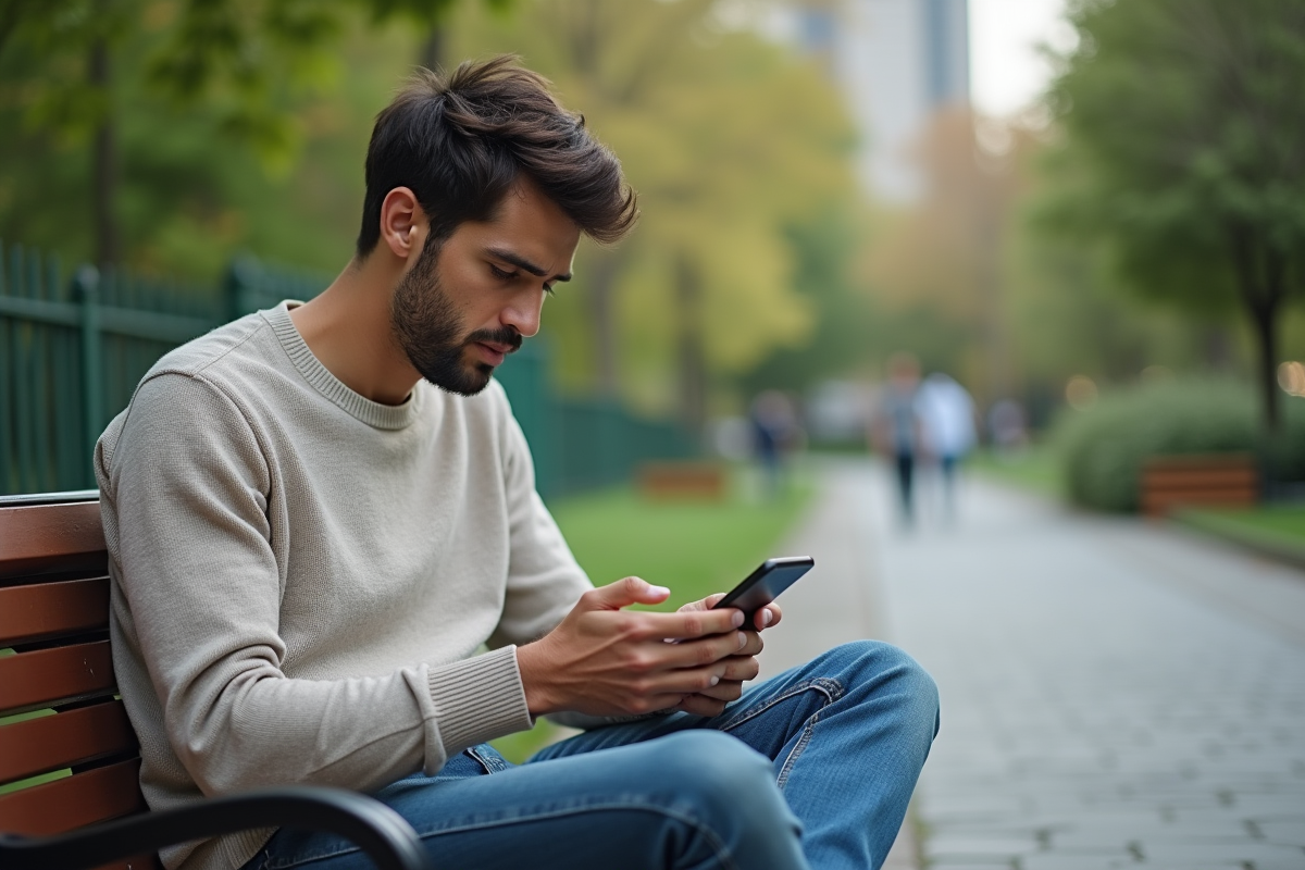 Jeune homme regardant son smartphone dans un parc urbain