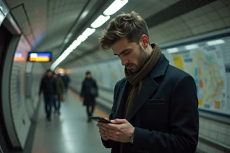 Jeune homme regardant son smartphone près d'une carte du métro à Paris